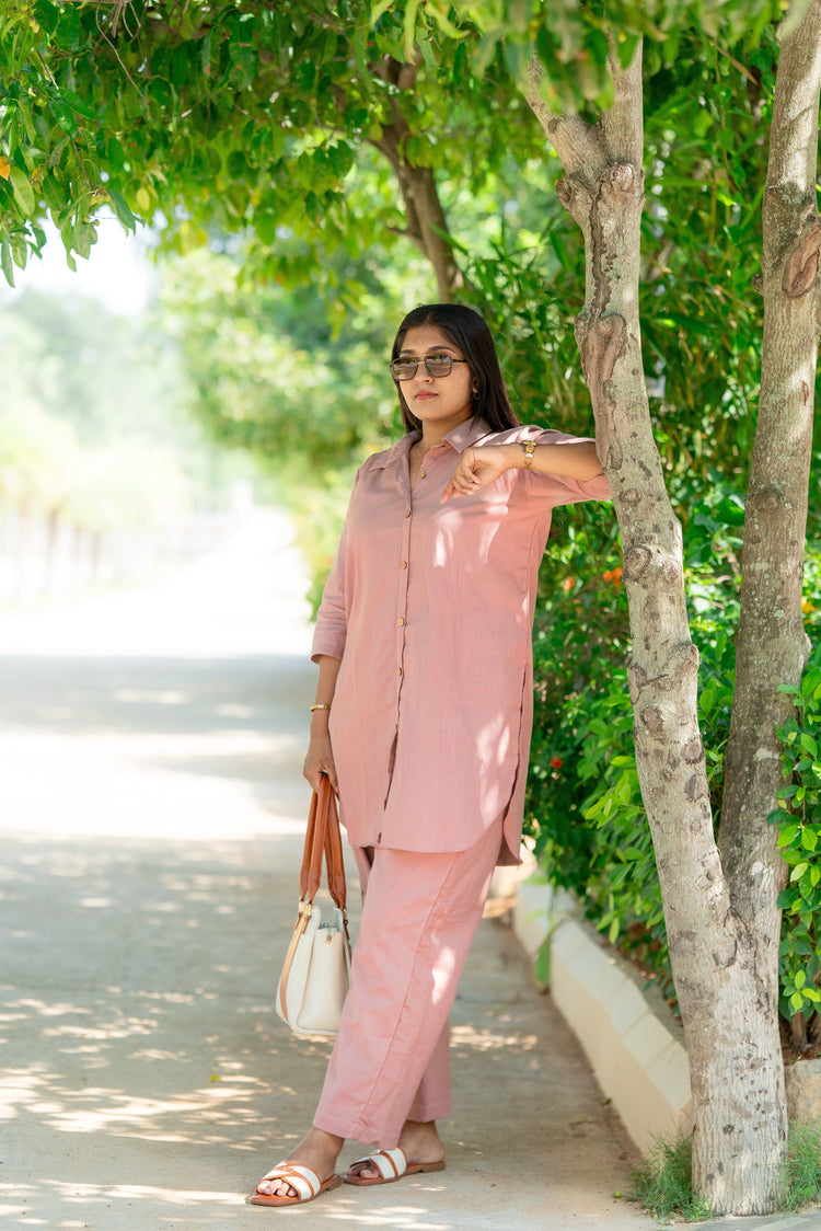 Self Made- Relaxed Cotton Slub Coord Set – Light Pink