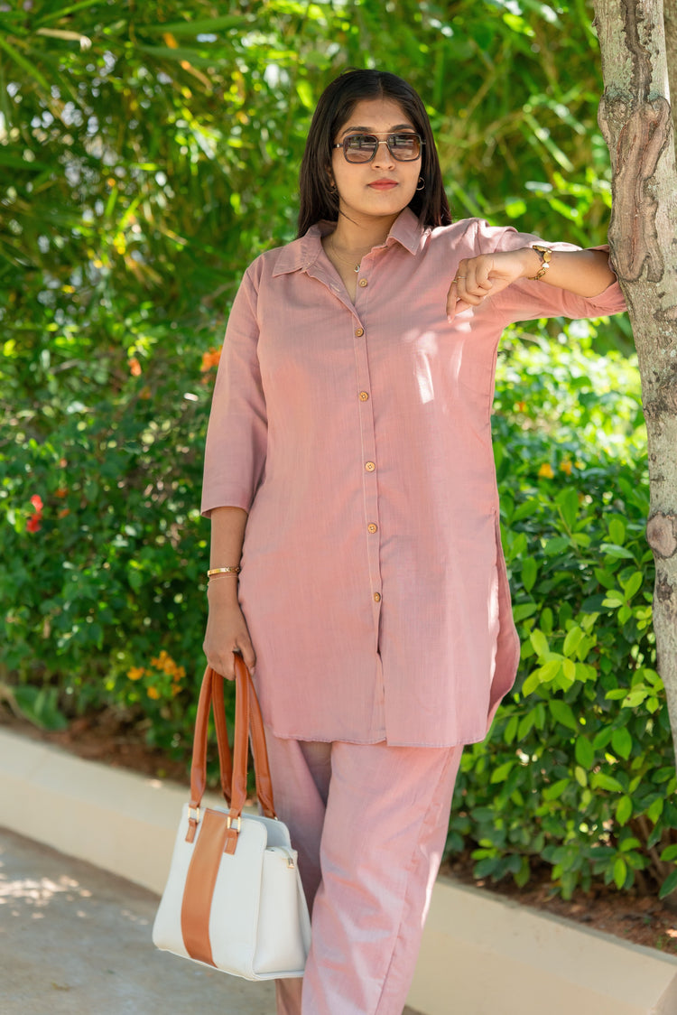 Self Made- Relaxed Cotton Slub Coord Set – Light Pink