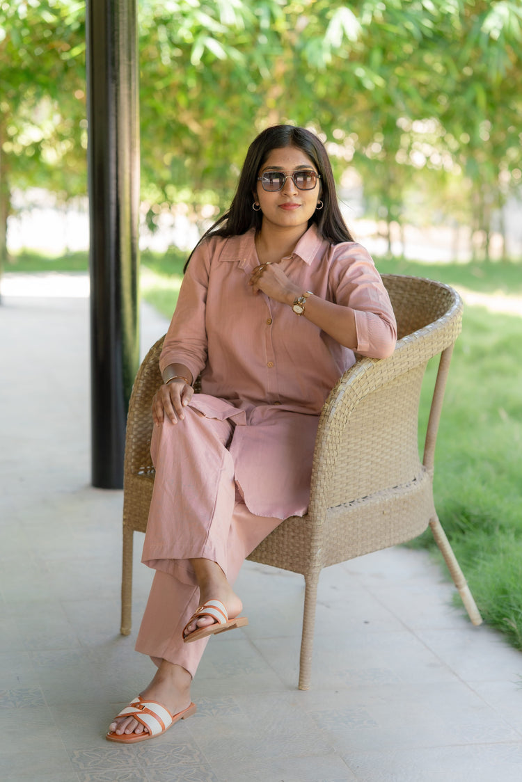 Self Made- Relaxed Cotton Slub Coord Set – Light Pink