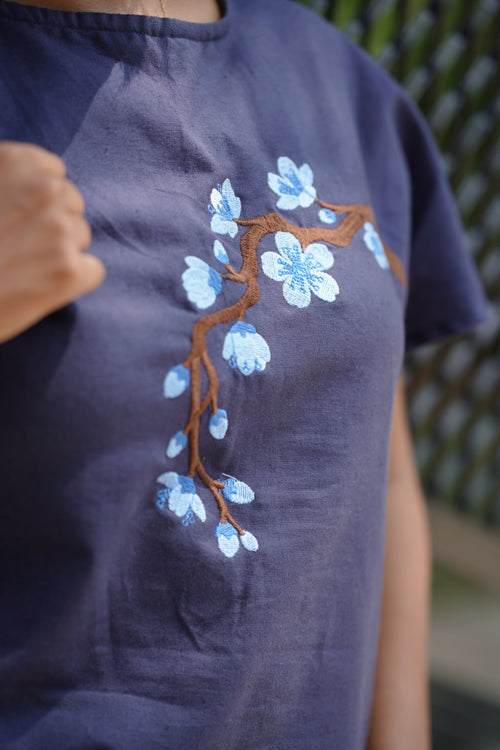 Me Time- Embroidered Navy Blue Cotton-Flax Co-ord Set