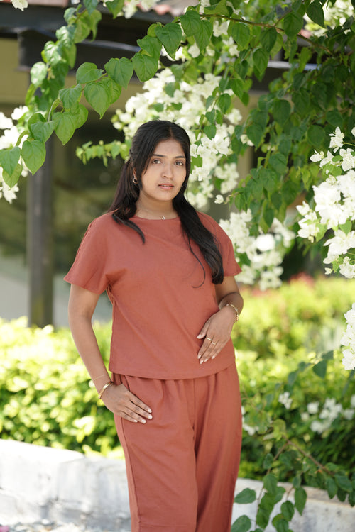 Me Time – Brick Red Cotton-Flax Co-ord Set